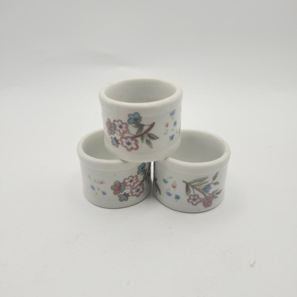 Vintage Floral Porcelain Napkin Rings Set of 3 White Ceramic Pink Blue Flowers